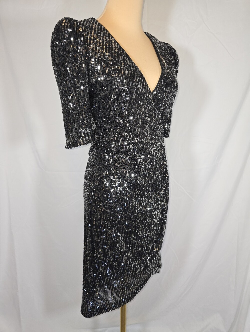 Calvin Klein Black Sequin Mini Dress with V-Neckline and Tulip Skirt